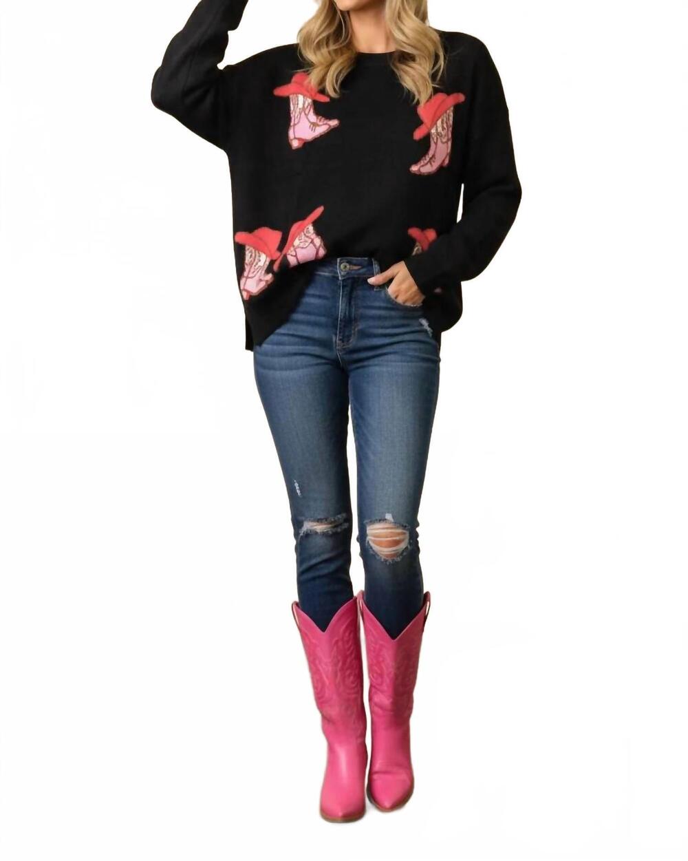 NEW SHE + SKY women's pullover cowboy boots print sweater in black